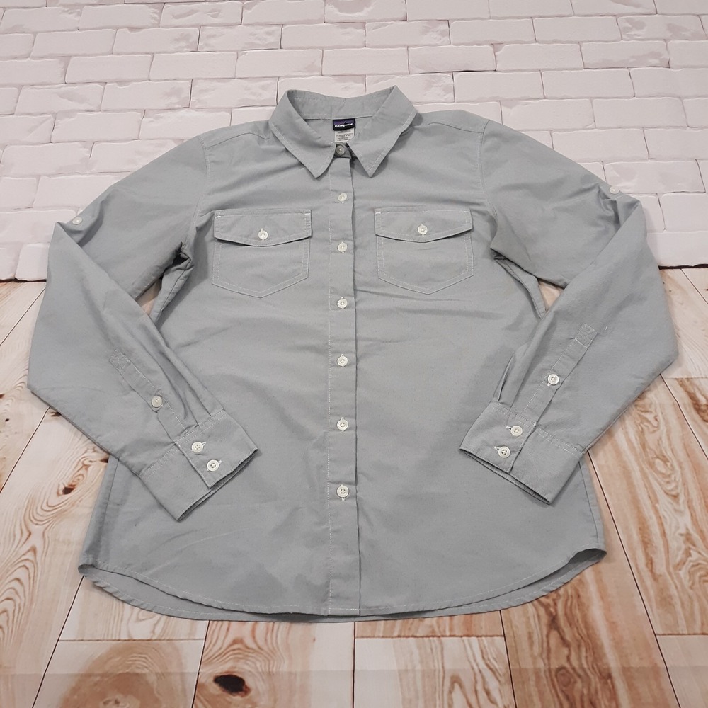 Patagonia Button Up Shirt Womens Size 6 Gray Outdoor Hiking Travel Long Sleeve